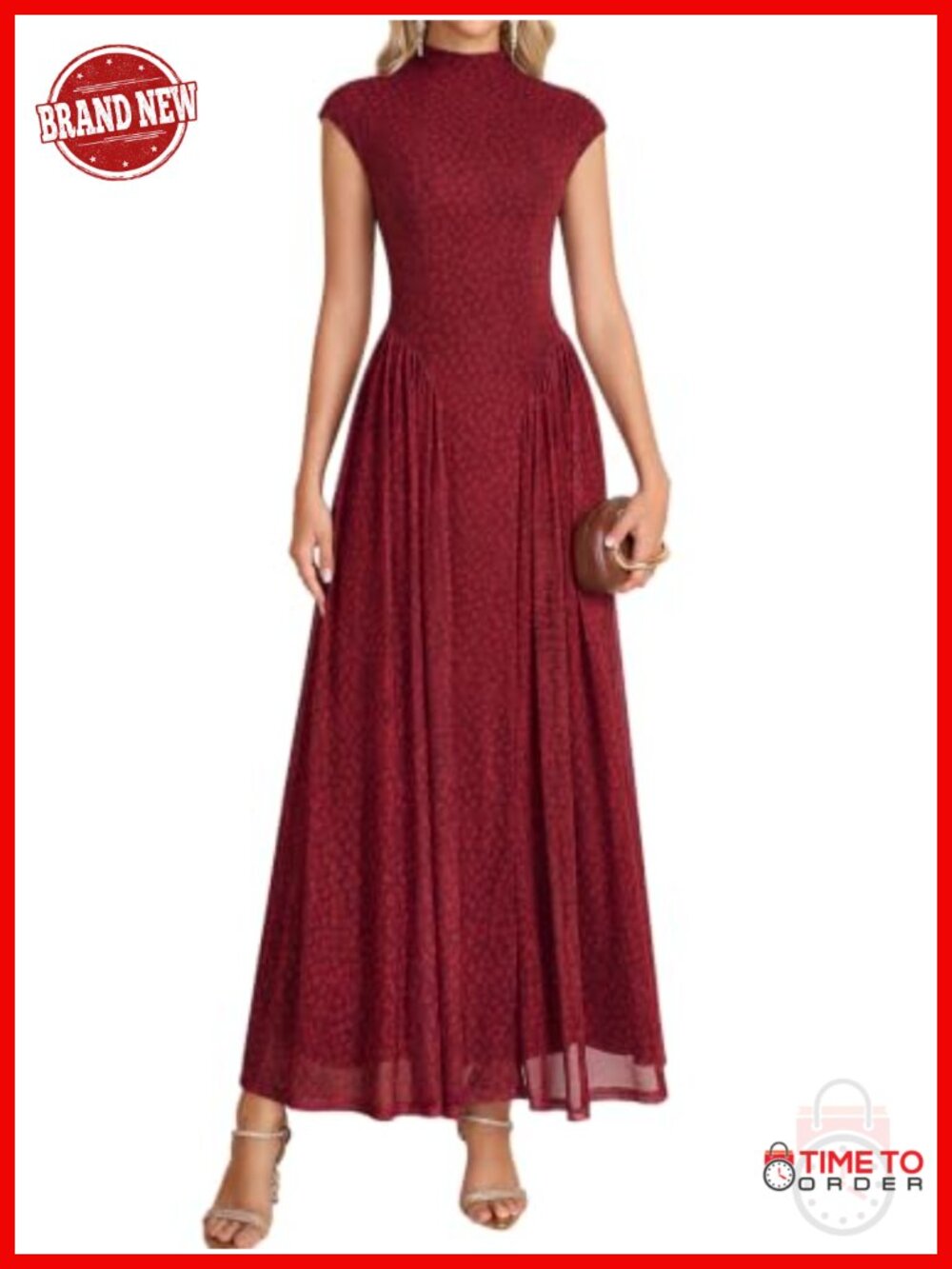 Floral Mesh Maxi Dress with Mock Neck and Cap Sleeves